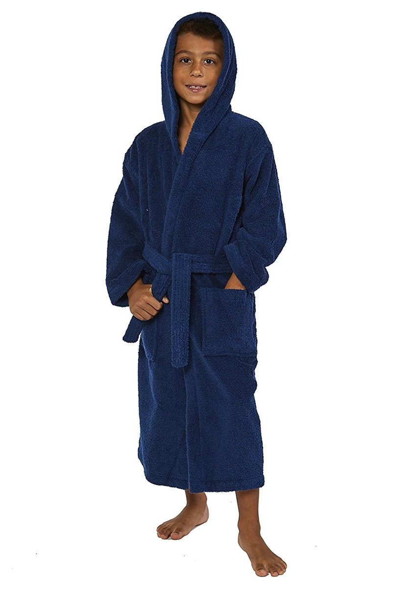TurkishTowels Parador Hooded Terry Boys Bath Robe - Navy